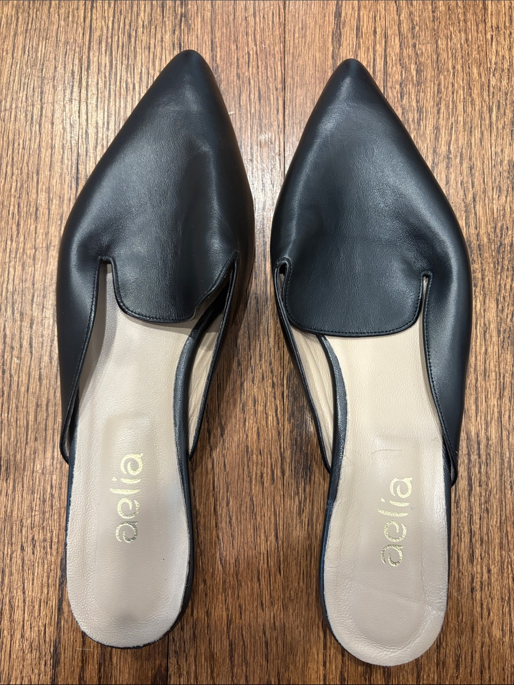 Aelia Black Pointed-Toe Leather Slide Mules- Greek